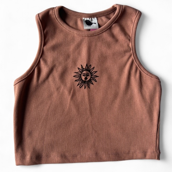 Brown Sleeveless Crop Top with Sun Design Boho Girlie Euro Summer Cute Small - Picture 1 of 5